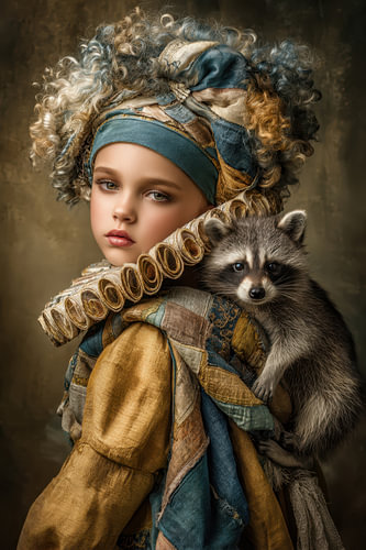 Meisje met Wasbeer - Elegant Portret in Petrol