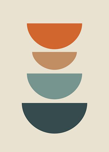 Minimalistische, platte, abstracte illustratie van op elkaar gestapelde geometrische halve cirkels in bohemienstijl.