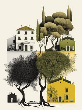 Landschap Italië gestileerde grafische huizen bomen gereduceerd van gm_designs