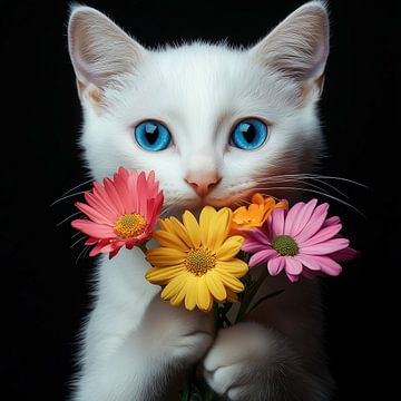 Witte kat met blauwe ogen en kleurrijke bloemen portret van TheXclusive Art