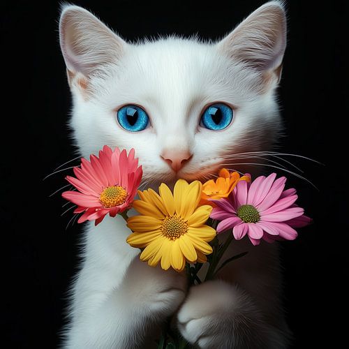Witte kat met blauwe ogen en kleurrijke bloemen portret