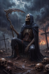 Dark Fantasy Art Wandbild: MORTEVAN - Der traurige Grim Reaper auf einem Schlachtfeld