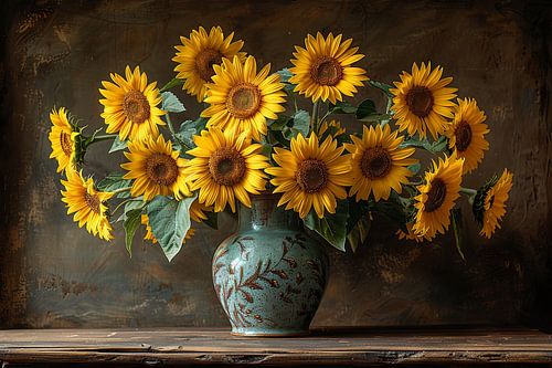 Klassiek stilleven met zonnebloemen in een keramische kan