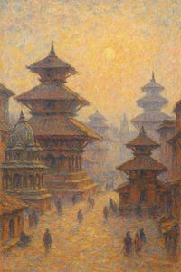Impressionistisch Kathmandu - Durbar Square in ochtendnevel