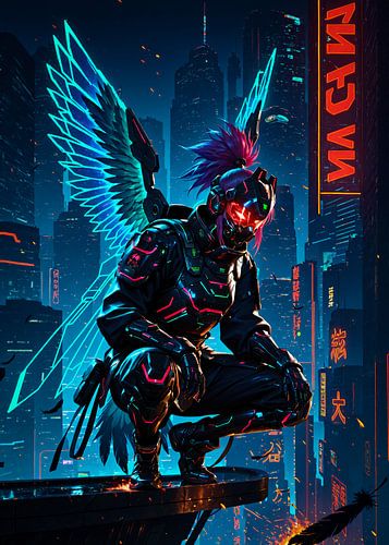 Cyberpunk Style Winged Warrior on The Rooftop