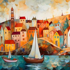 colourful fishing village in autumn naive by Jan Bechtum