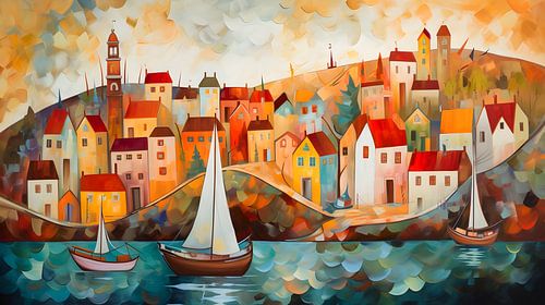 kleurig vissersdorpje in de herfst naïef