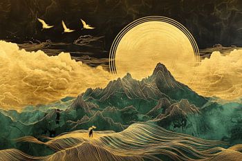 Bezaubernde Berglandschaft mit goldener Sonne und Vögeln