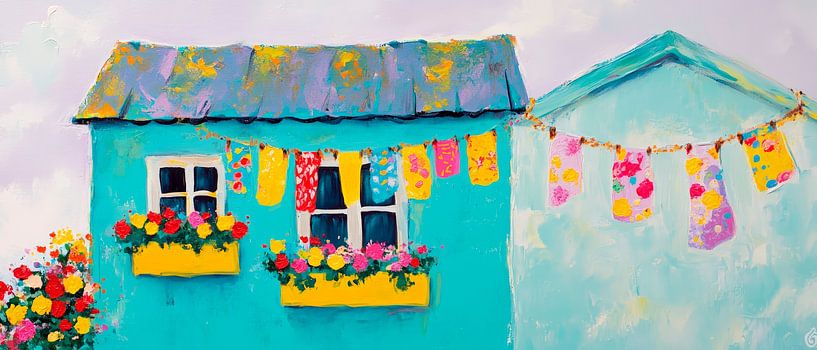 Kleurrijke huizen met bloemen en waslijn van Poster Art Shop