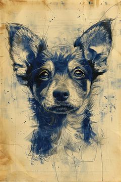 Tekening, chinese inkt, aquarel, hond -4 van Peter Pen tekeningen en schilderijen