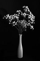 Stilleven met witte bloemen in witte vaas, monochroom