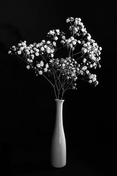 Stilleven met witte bloemen in witte vaas, monochroom