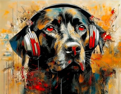 Labrador (zwart) geniet van muziek