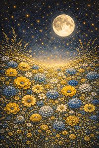 Mond und Blumenwiese unter dem Sternenhimmel