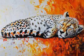 Schlafender Gepard mit buntem orangefarbenem Hintergrund von Art & Soul Creations