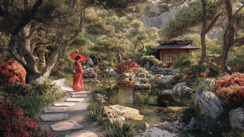 Geisha in Japanese garden by Egon Zitter