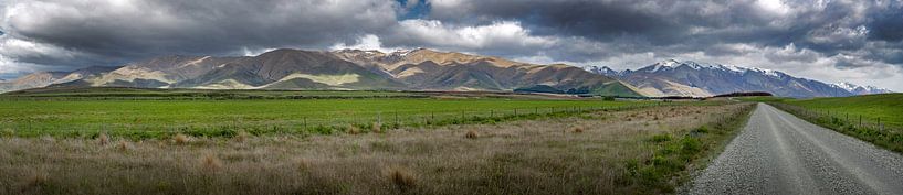 Panoramalandschaft, Wiesen, Landstraße und Berge in Neuseeland von Albert Brunsting