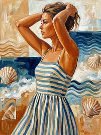 Une femme en rayures au bord de l'eau, baignée de soleil sur Jan Keteleer