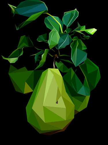 Abstract Green Pear with Green Leaves Low Poly