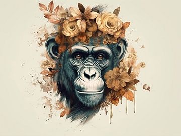 Herfstharmonie - Chimpansee met Bloemenkroon van Eva Lee