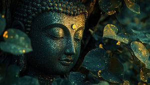 Bouddha (Buddha) parmi les feuilles panorama or-vert
