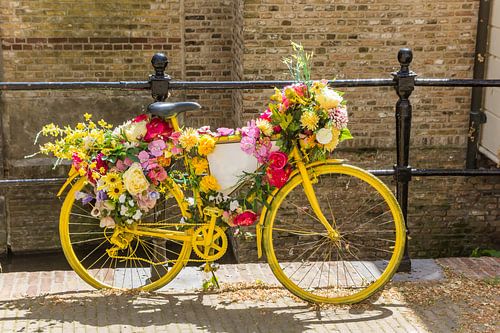 An old yellow bike decorated with flowers stands against the fence of a canal in Gouda