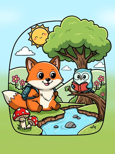 Niedlicher Fuchs und Eule Leseabenteuer