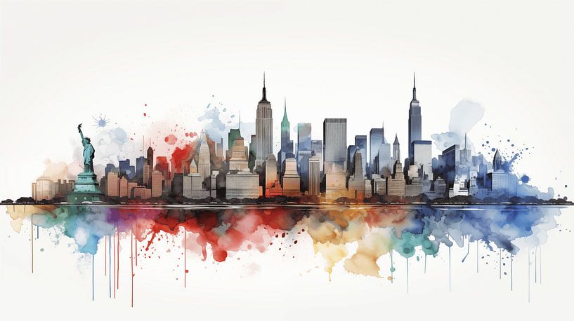 New York City Panorama-Aquarell auf weißem Hintergrund, Farb Kunst Design von Animaflora PicsStock
