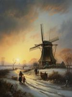 Dutch winter landscape painting with windmill