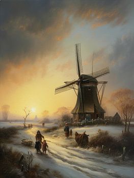 Hollands winterlandschap schilderij met molen