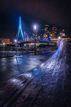Die Erasmus-Brücke von der Stadt Rotterdam aus gesehen in Holland am Abend mit City Lights