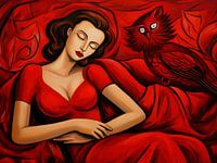 Woman with red bird in dream