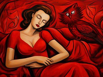 Vrouw met rode vogel in droom van Frank Daske | Foto & Design