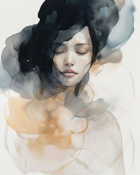 Modernes abstraktes Porträt, Aquarell von Carla Van Iersel