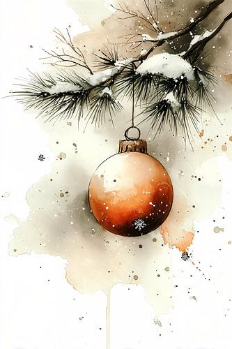 Pine branch with Christmas ball in Watercolor no. 2