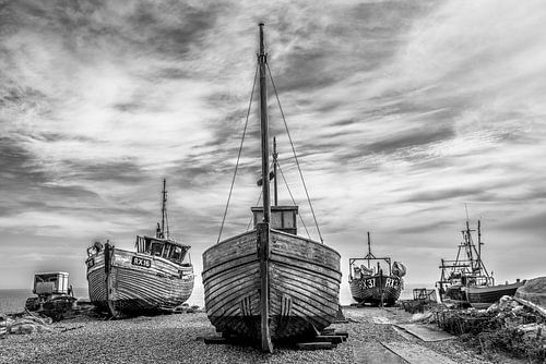 Abandoned fishing boats on dry land in Hastings, England