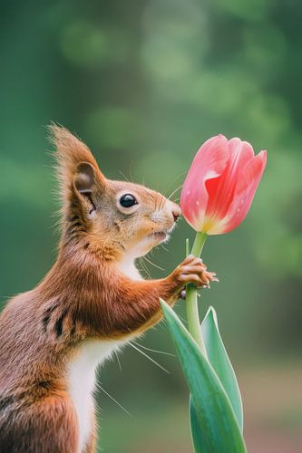Eekhoorn kijkt naar roze tulp in de tuin