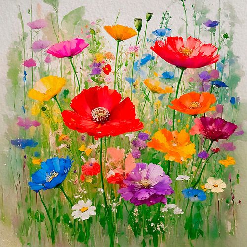 Vrolijk en zomers bloemenveld. Kleurige Klaprozen