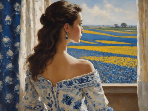 Een portret van een dame in een delfts blauw jurk