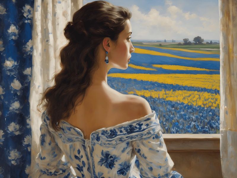Een portret van een dame in een delfts blauw jurk van Jolique Arte
