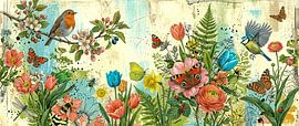 Printemps botanique : Panorama avec un rouge-gorge, une mésange bleue et des papillons