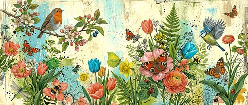 Printemps botanique : Panorama avec un rouge-gorge, une mésange bleue et des papillons