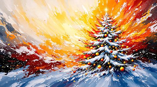 Kerstboom gloeiend in de winterhemel: een abstracte, kleurrijke kerstboom op een besneeuwde heuvel tussen stralende sterren en drijvende kerstballen