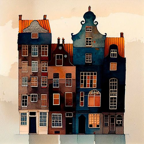 Amsterdam canal houses with watercolour