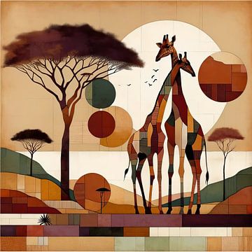 Collage Afrikanische Landschaft mit Giraffenpaar und Akazie von Lois Diallo
