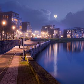 Deventer's pothoofd and quay with the moon during blue hour by Bart Ros