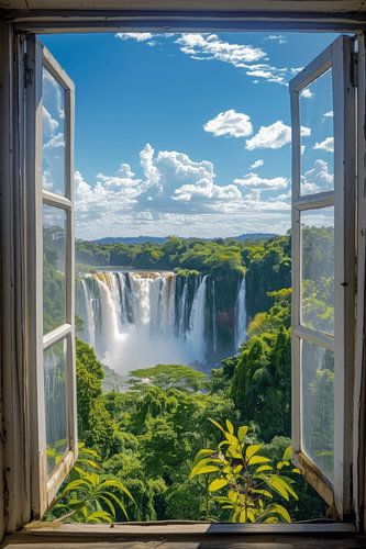 Window view of waterfall