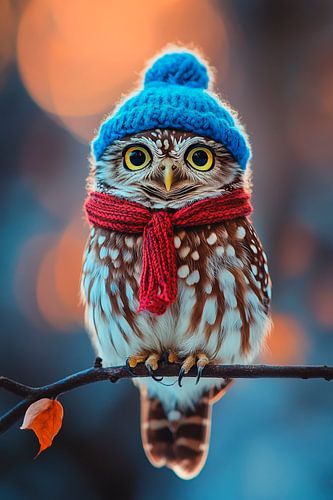 Uil in de winter met muts en sjaal