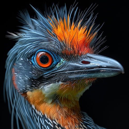 Kopf eines exotischen Vogels mit leuchtend orangefarbener Haube
