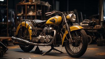 Yellow vintage motorbike in old hangar retro design by Animaflora PicsStock